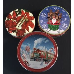 Vintage Christmas Cookie Tins Reindeer Santa Poinsettia Candle￼ Train Lot Of 3